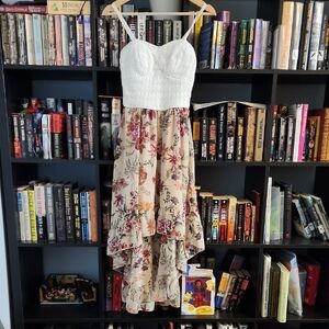 As U Wish White and Beige Floral High Low Dress